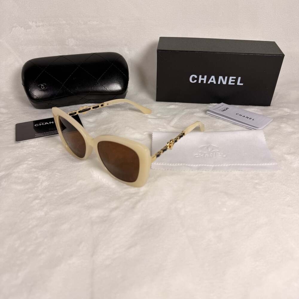 Chanel Cream Butterfly Sunglasses with Heart Chain Detail